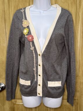 Anthropologie Nick & Mo Cardigan Button Up Sweater Womens Crochet Floral Gray L